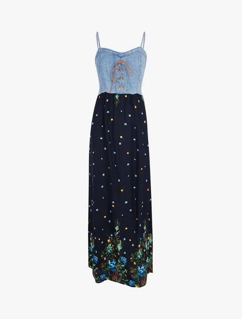Robe à buste effet jean et imprimés - noir