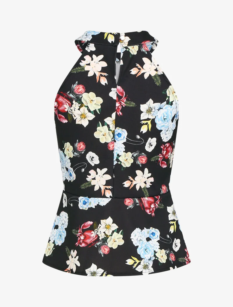 Top péplum à col américain imprimé floral - noir