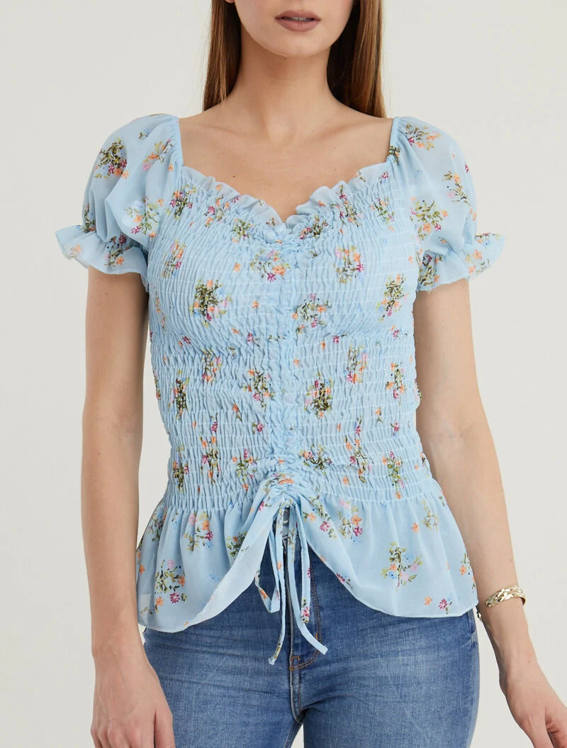 Top élastiqué à encolure coeur - bleu clair