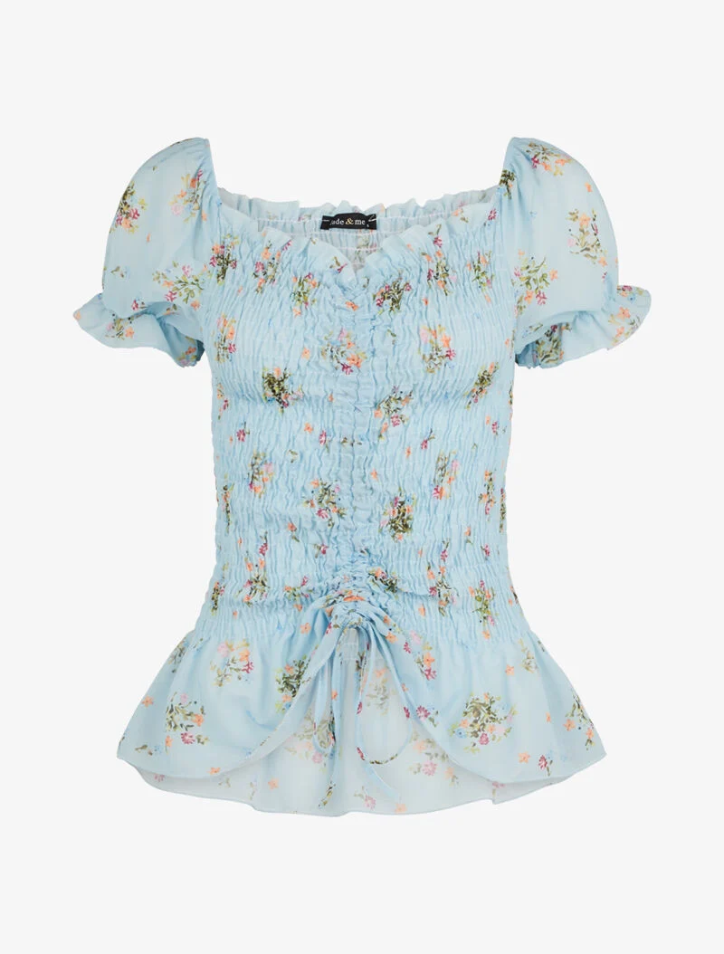 Top élastiqué à encolure coeur - bleu clair
