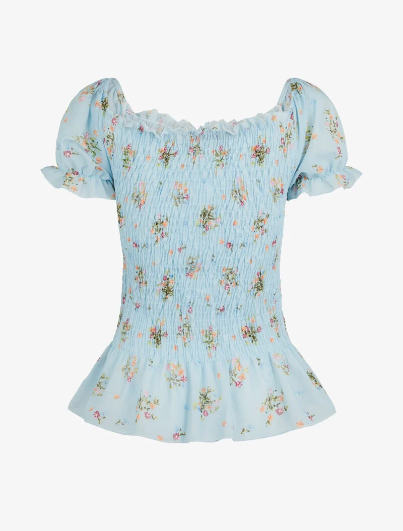 Top élastiqué à encolure coeur - bleu clair