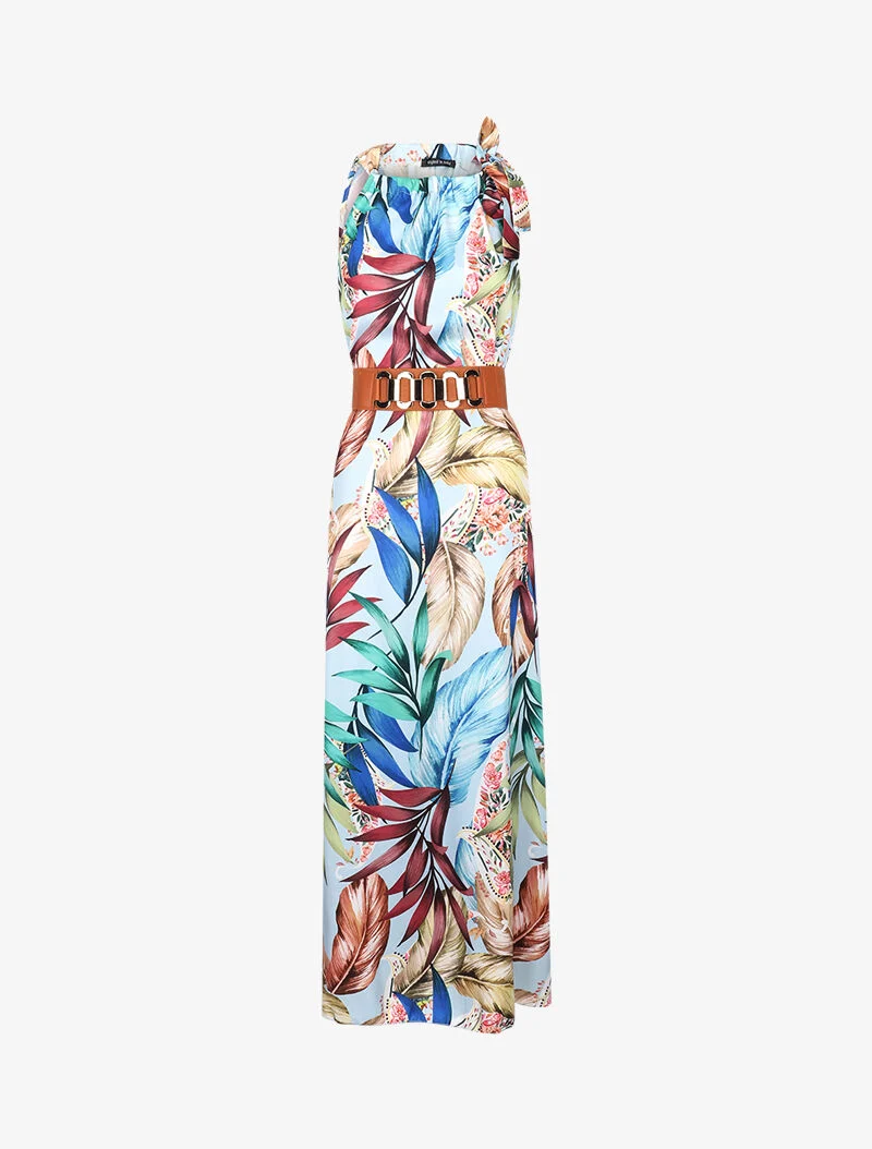 Robe longue satinée à imprimé tropical - bleu clair