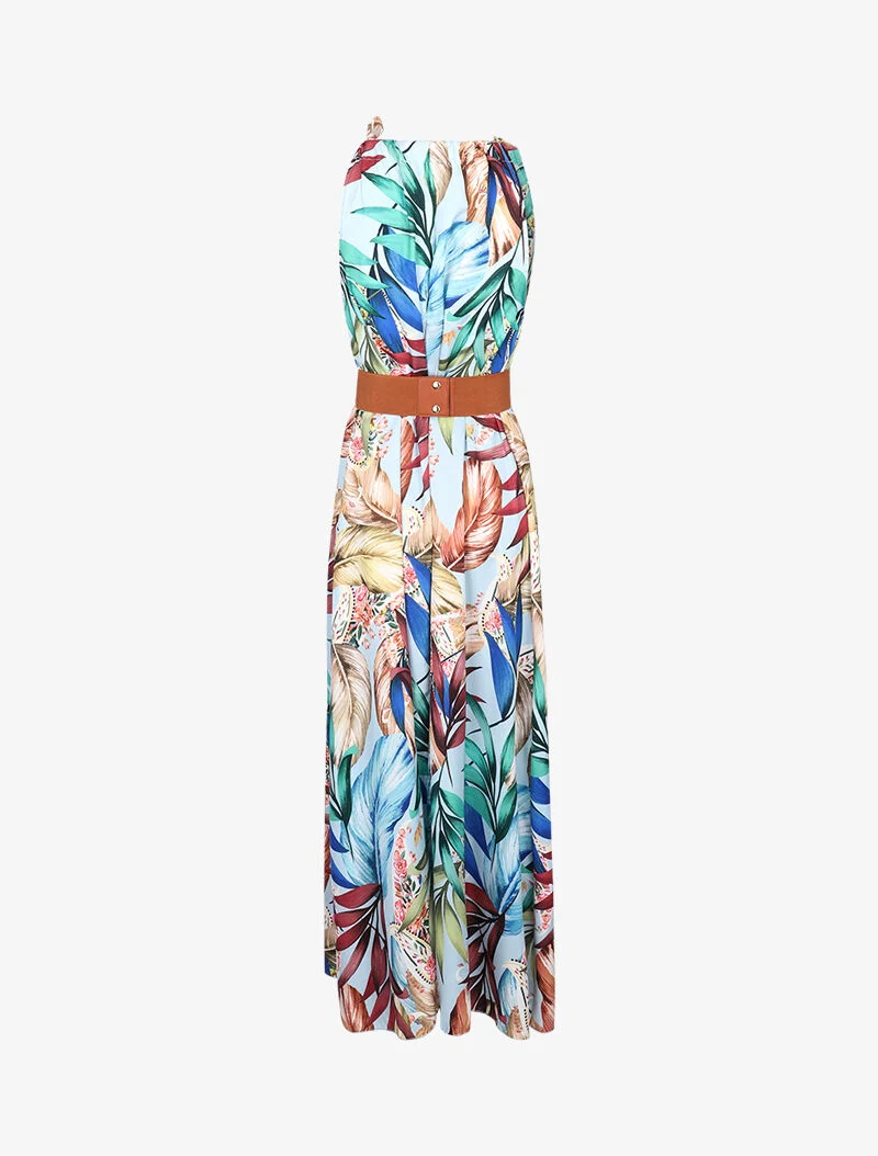 Robe longue satinée à imprimé tropical - bleu clair