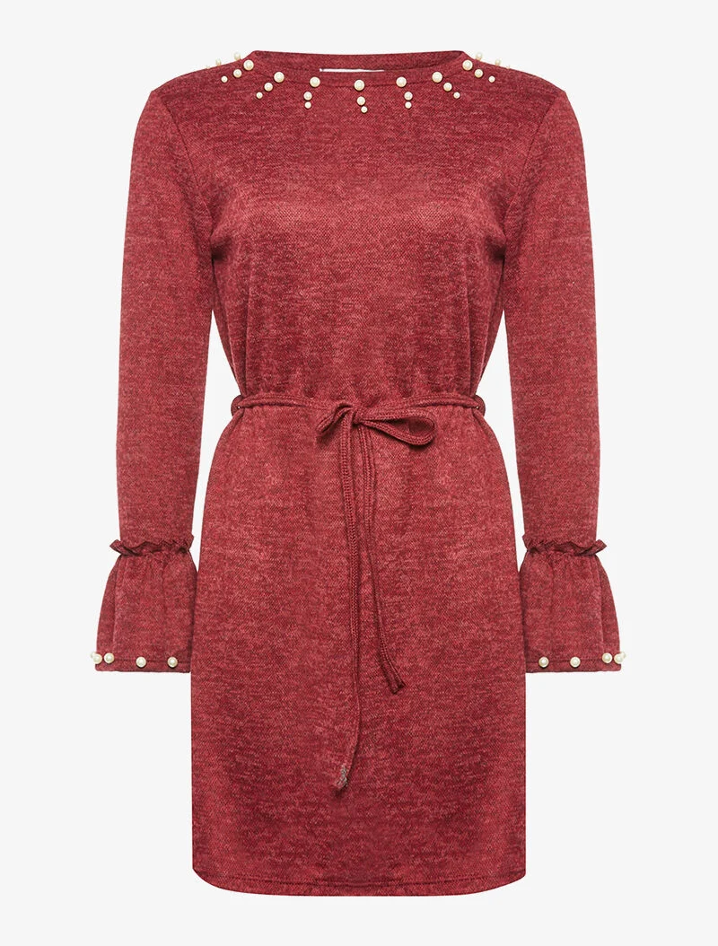 Robe-pull col perlé - bordeaux