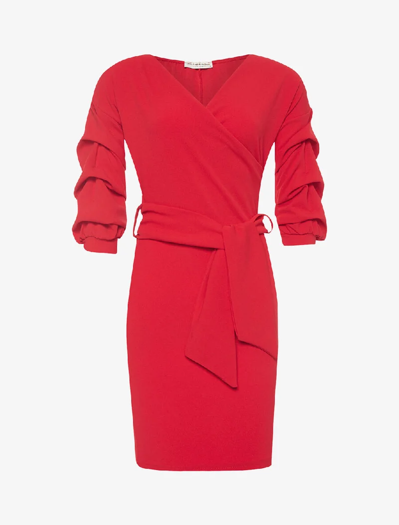 Robe drapée manches froissées - rouge