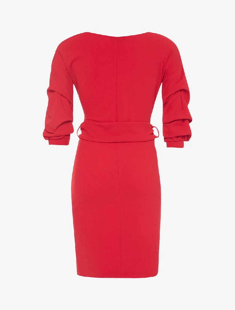 Robe drapée manches froissées - rouge