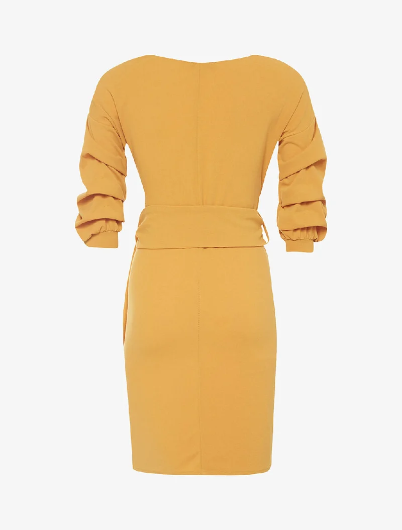 Robe drapée manches froissées - moutarde