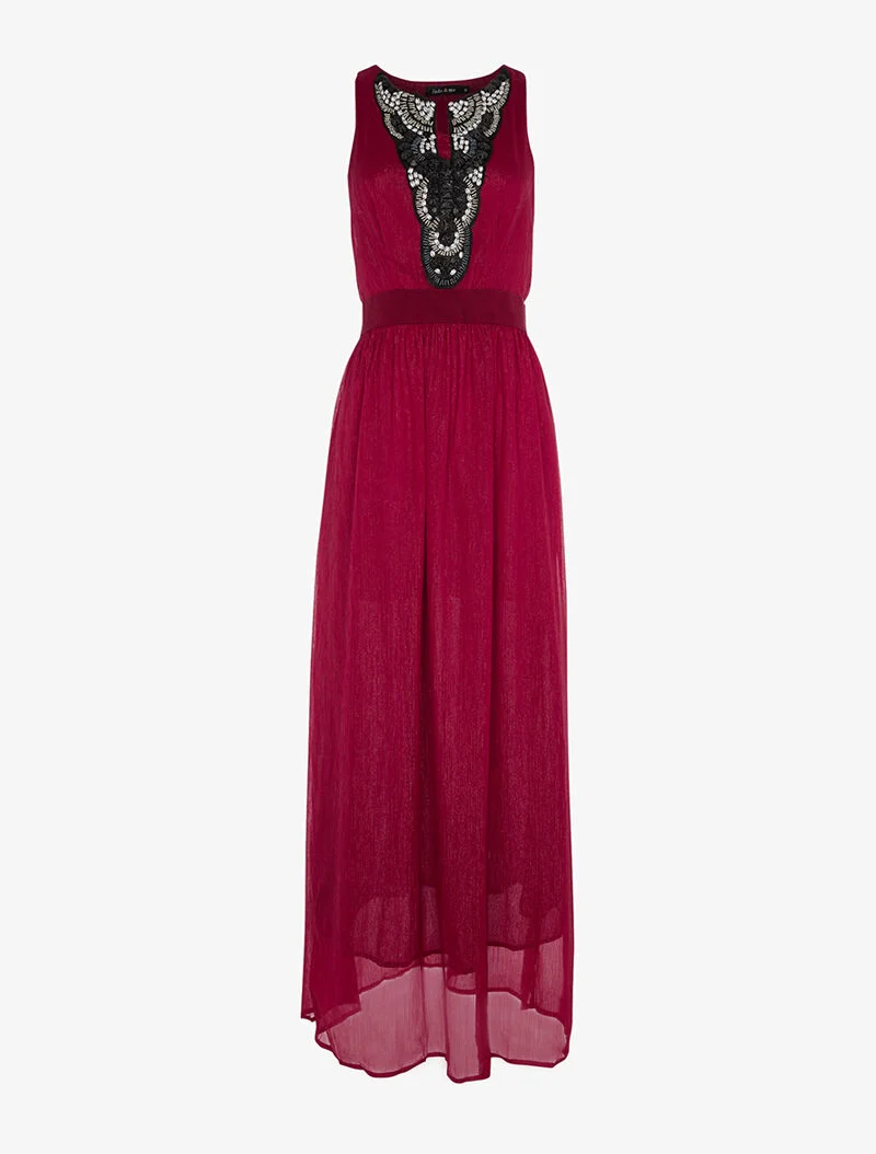 Robe longue plastron bijoux - bordeaux