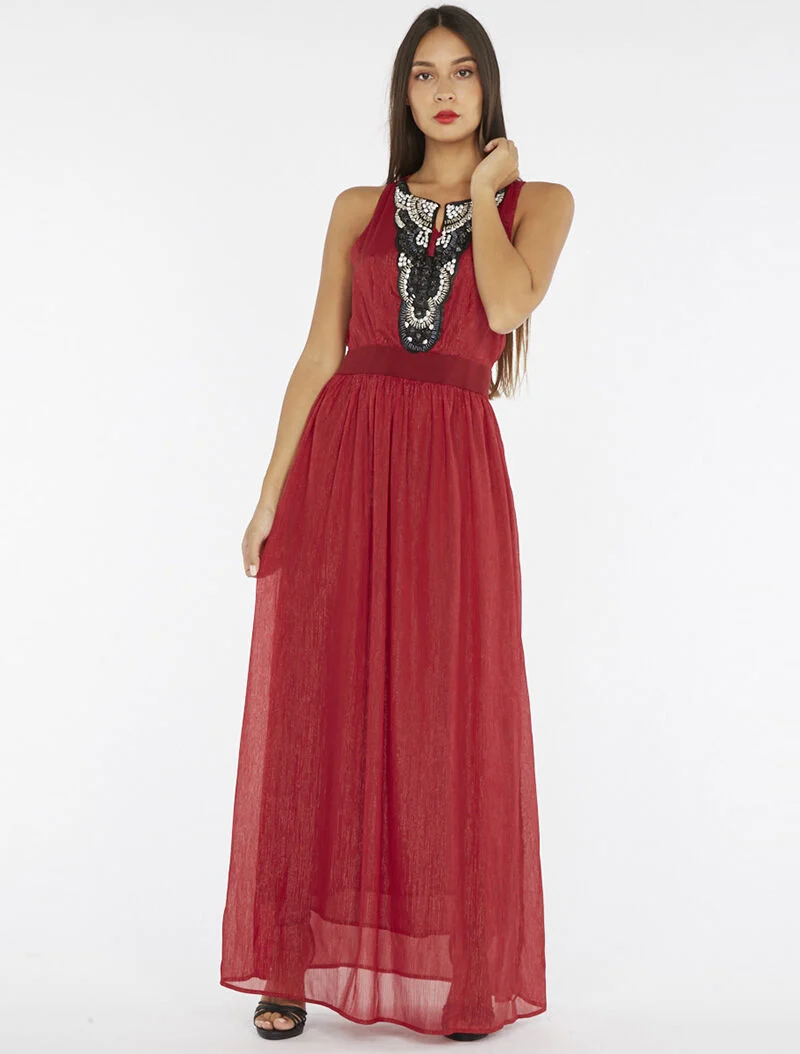 Robe longue plastron bijoux - bordeaux
