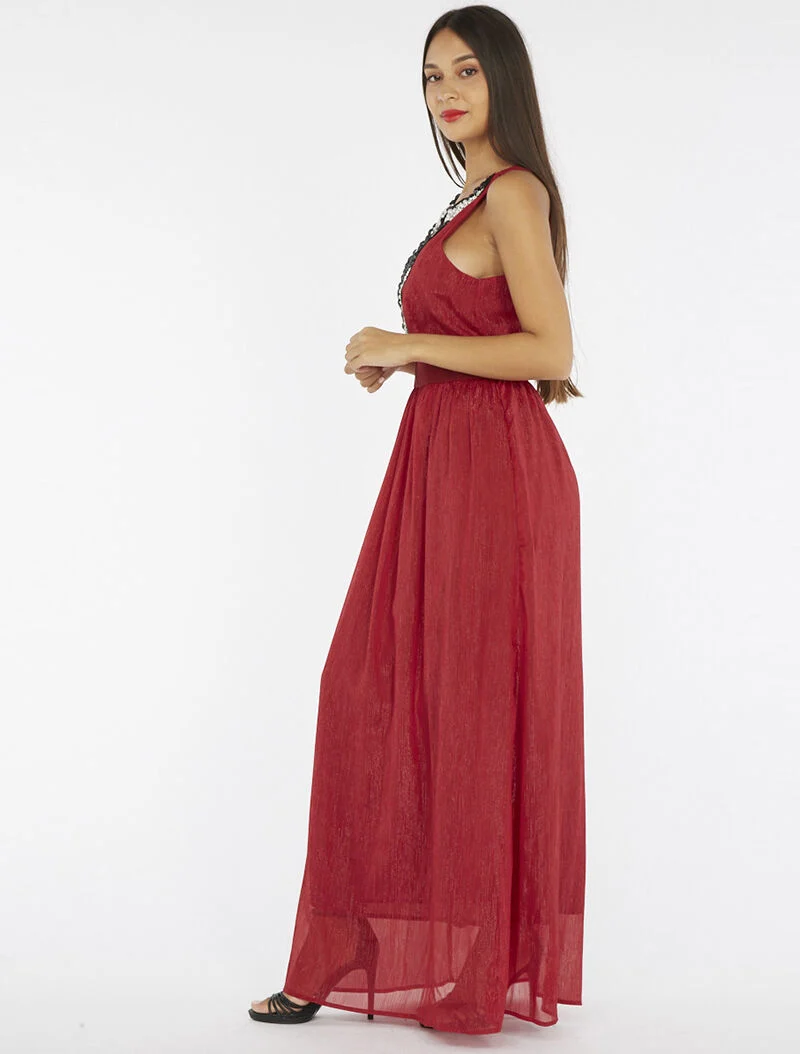 Robe longue plastron bijoux - bordeaux