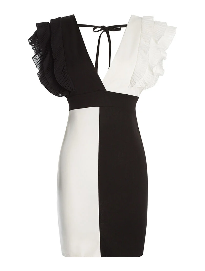 Robe bicolore épaules plissées - noir/blanc