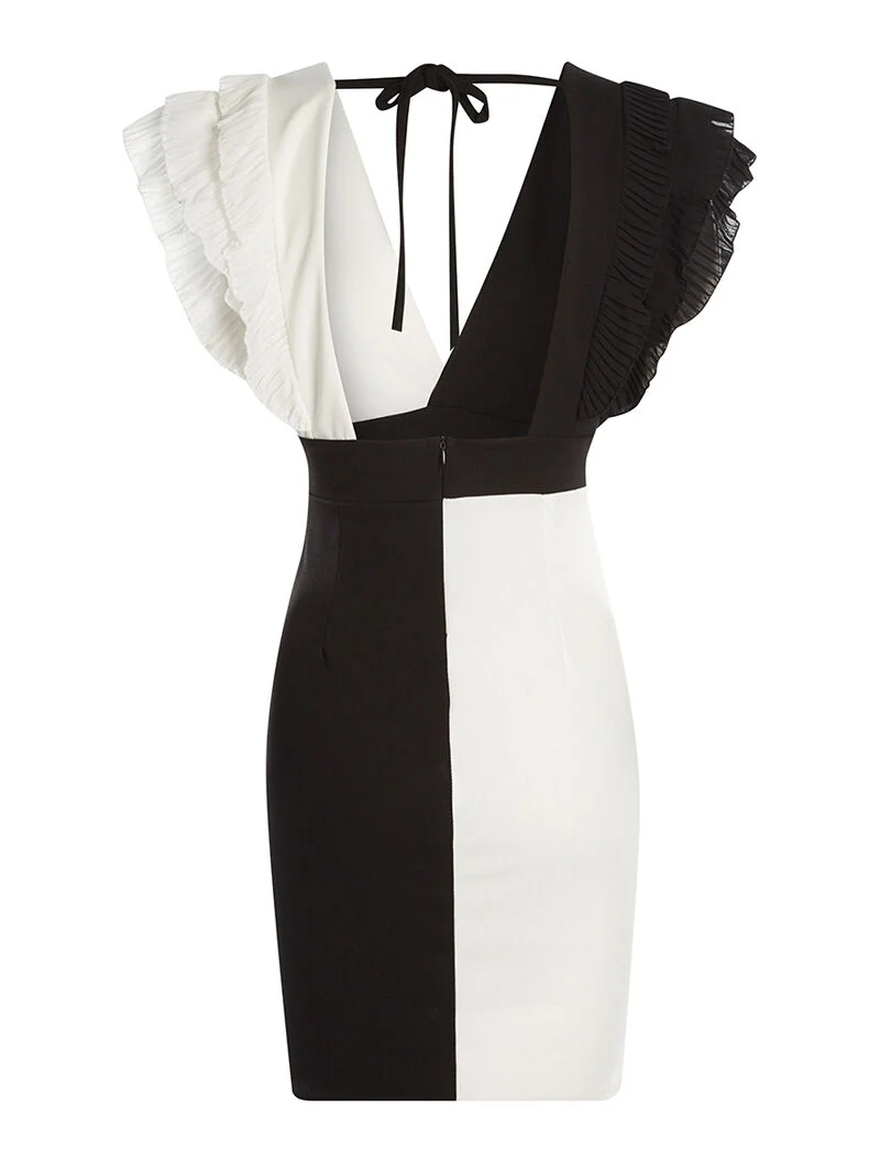 Robe bicolore épaules plissées - noir/blanc