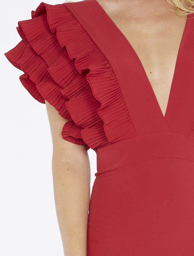 Robe épaules volantées plissées - bordeaux