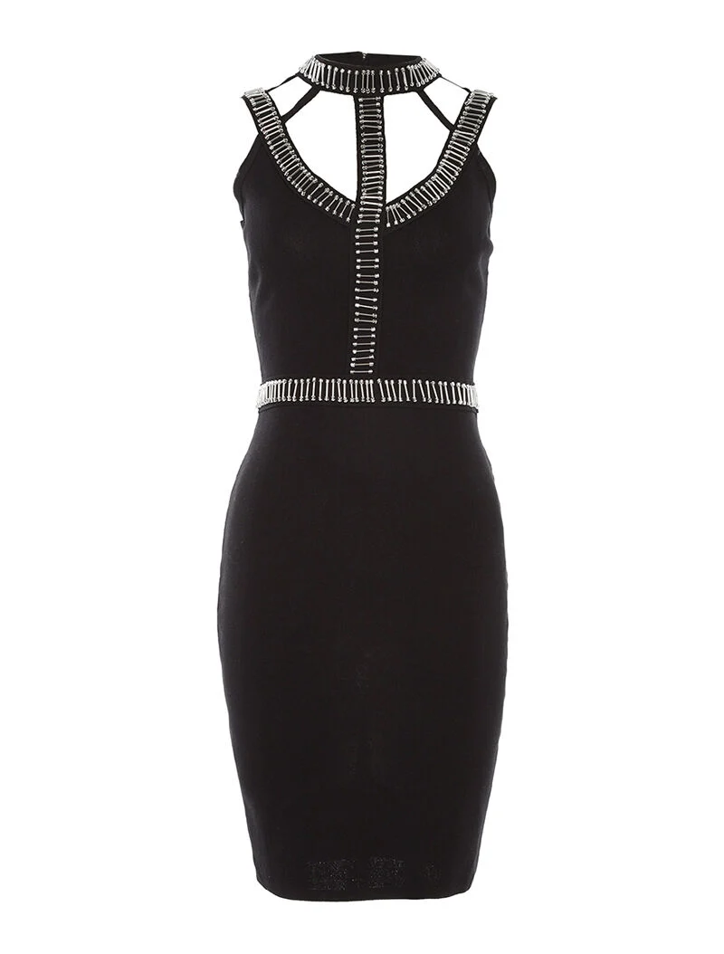 Robe côtelée col ajouré - noir