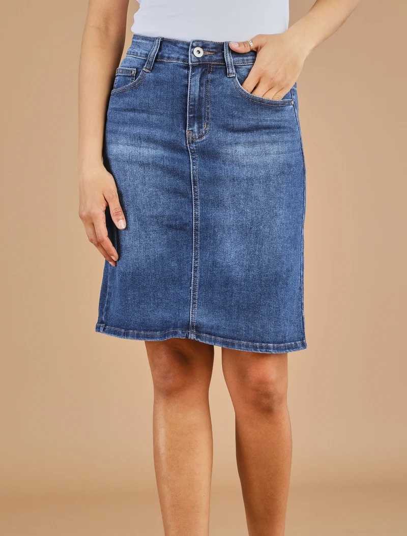 Jupe en jean droite délavée taille standard - Bleu denim