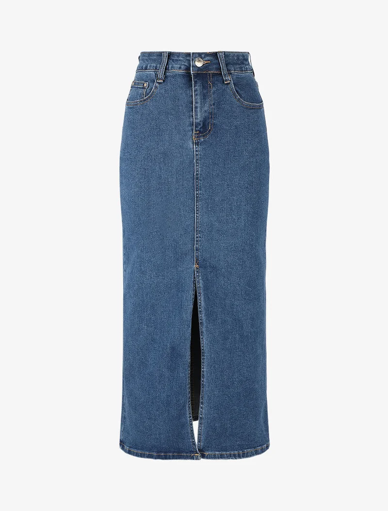 Jupe longue en jean coupe droite - Bleu denim