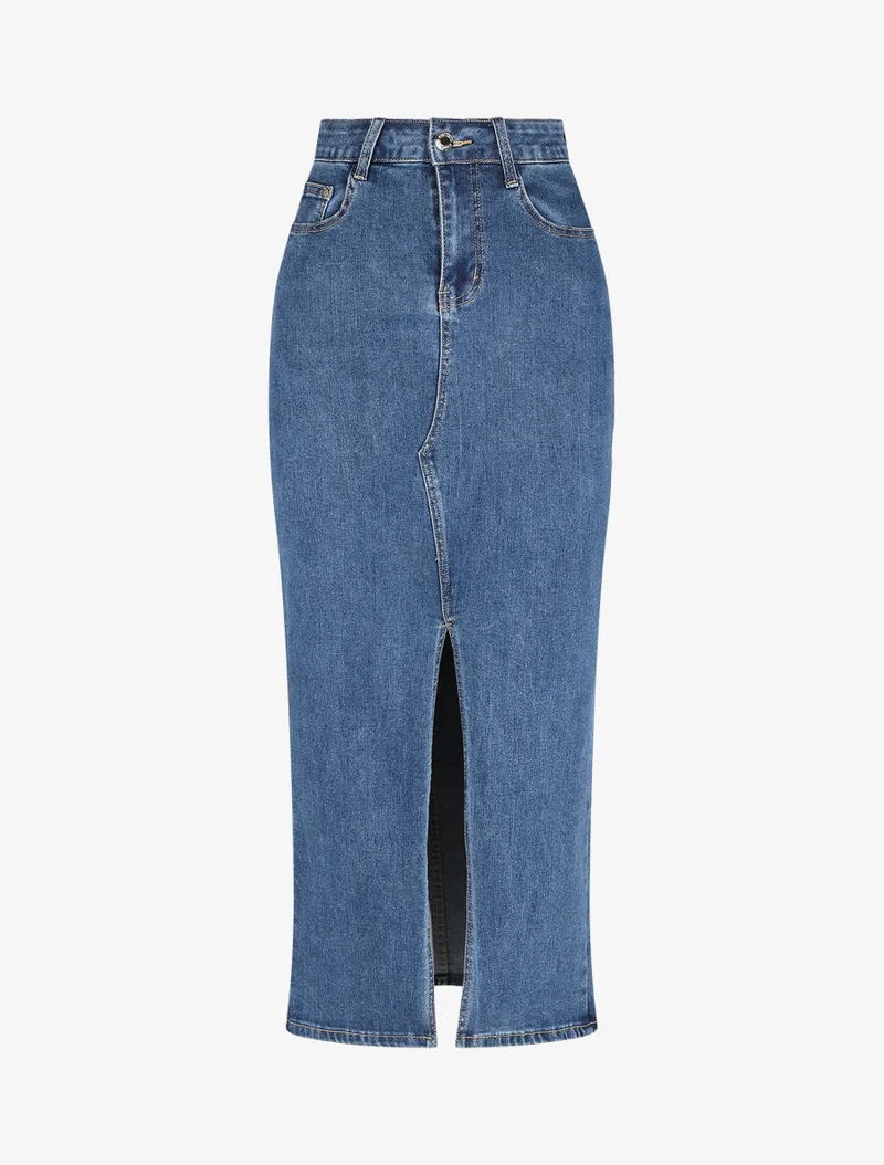 Jupe longue en jean coupe droite - Bleu