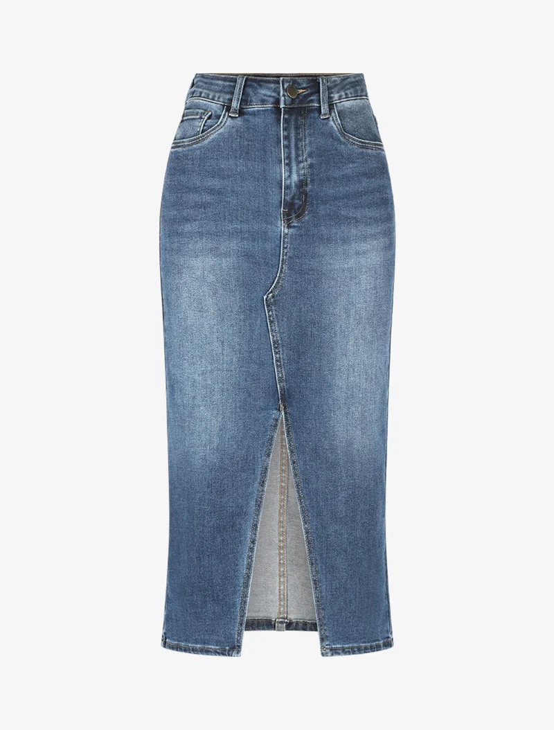 Jupe droite fendue à taille haute - Bleu