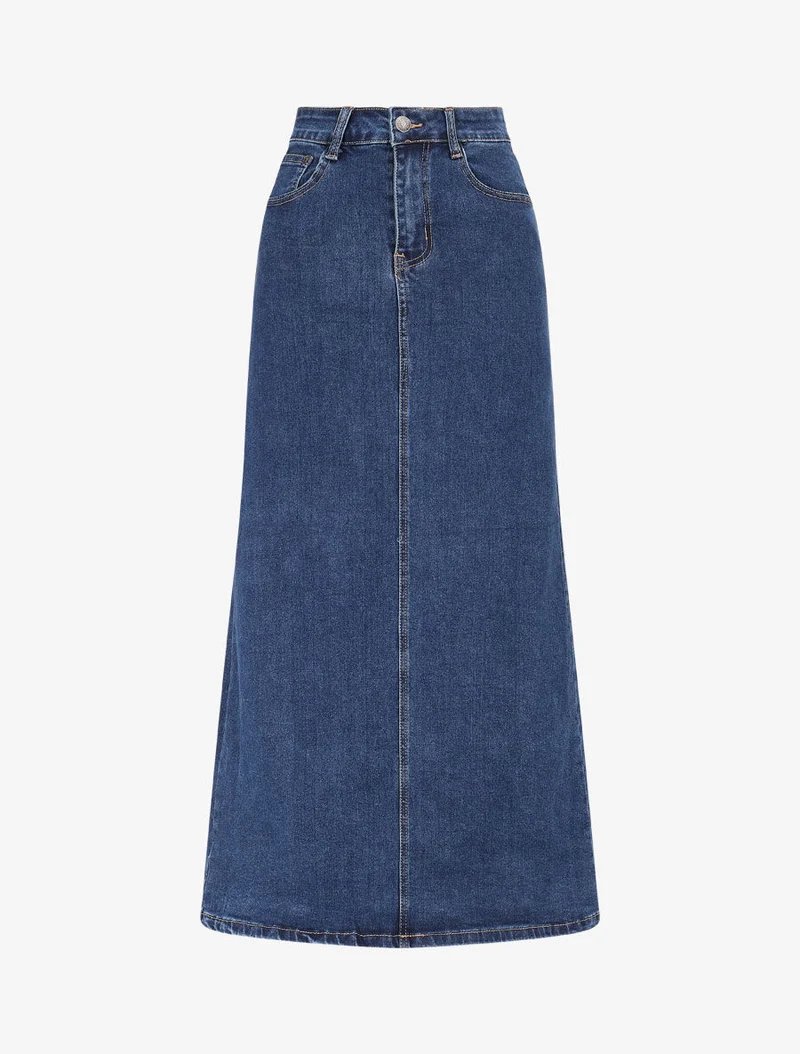 Jupe mi-longue en jean à taille haute - Bleu