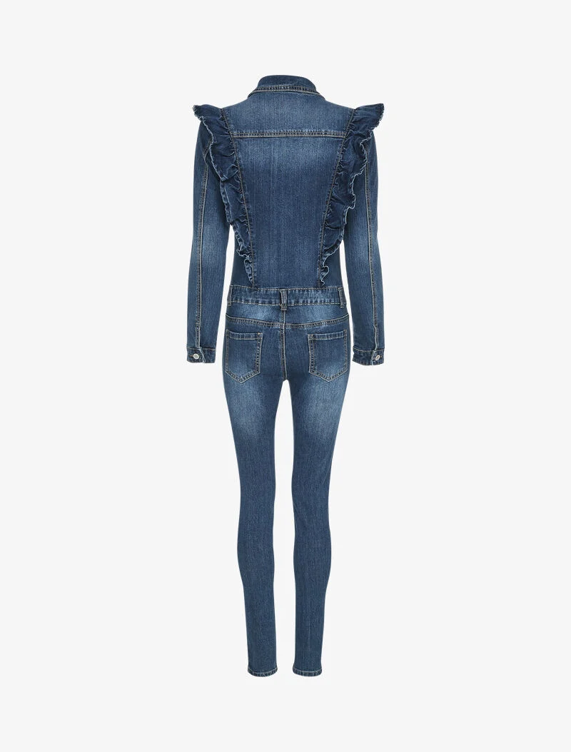 Combinaison en jean à buste volanté - Bleu denim