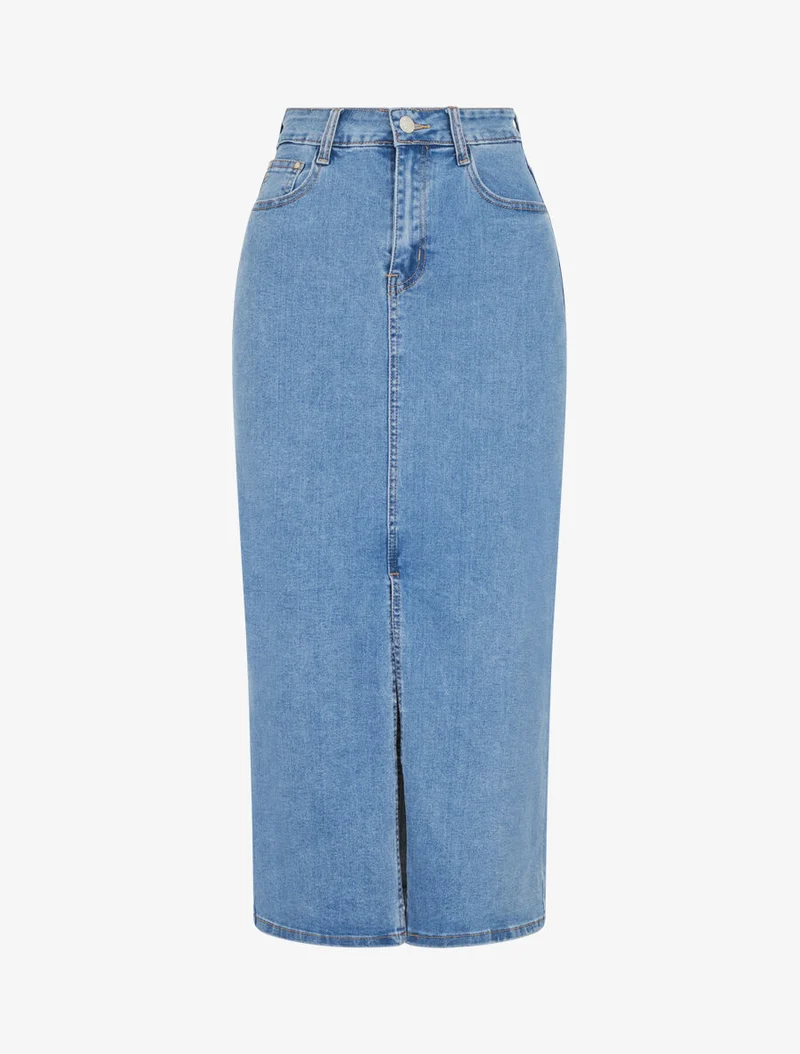 Jupe midi en jean taille haute - Bleu