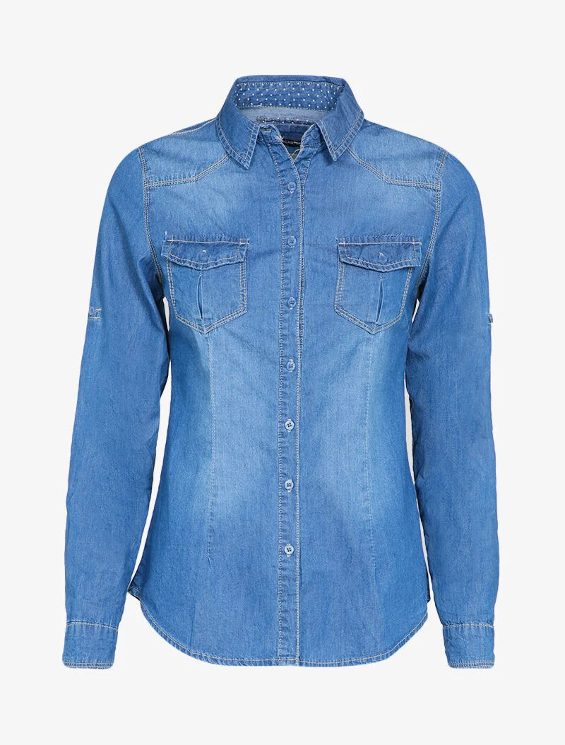 Chemise en jean cintrée et délavée - Bleu denim