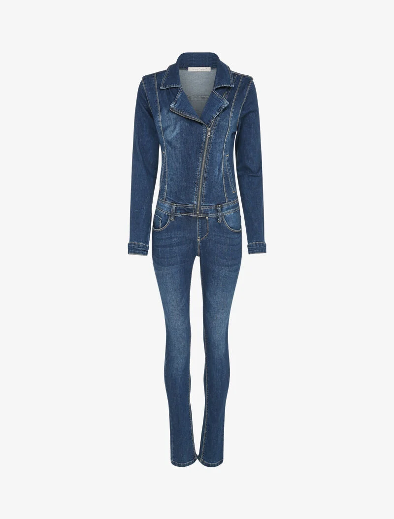 Combinaison en jean légèrement délavé à col zippé - Bleu denim