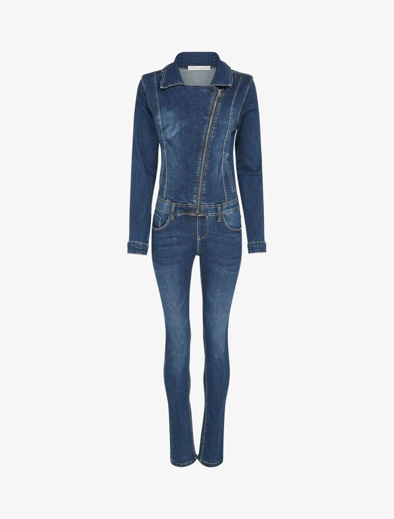 Combinaison en jean légèrement délavé à col zippé - Bleu denim