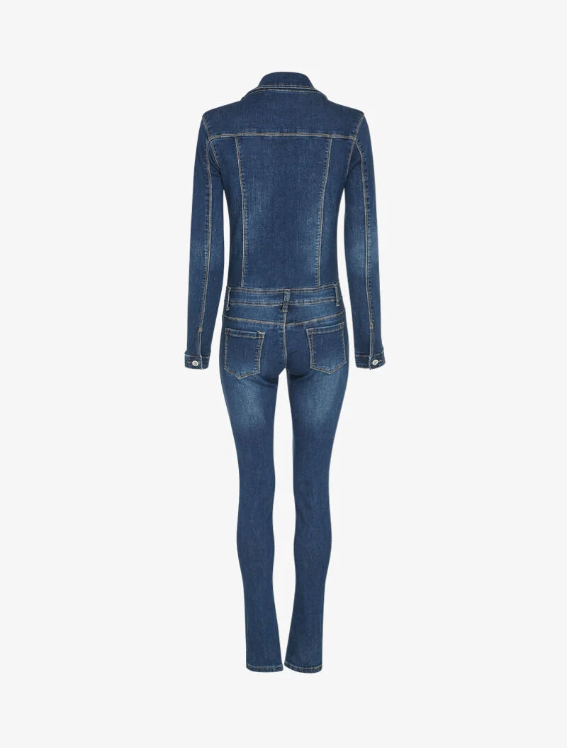 Combinaison en jean légèrement délavé à col zippé - Bleu denim