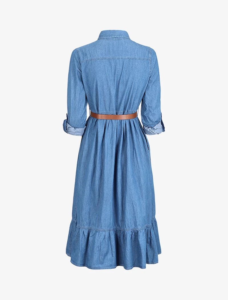 Robe longue volantée en jean - Bleu denim