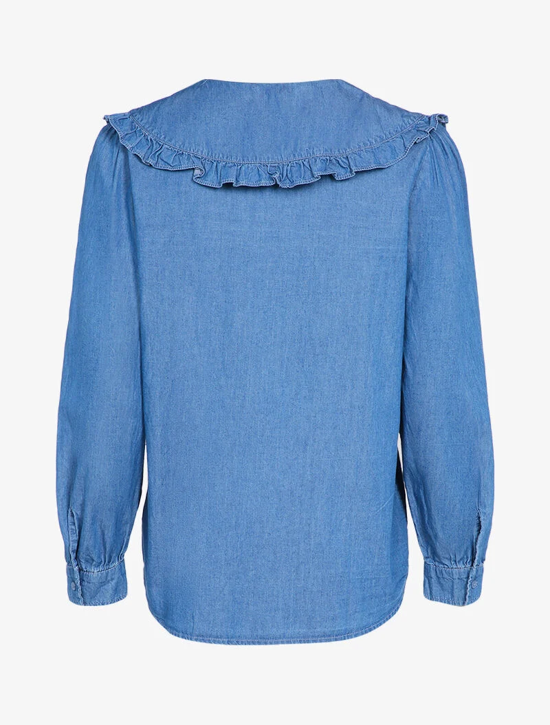 Chemise en jean à col claudine volanté - Bleu denim
