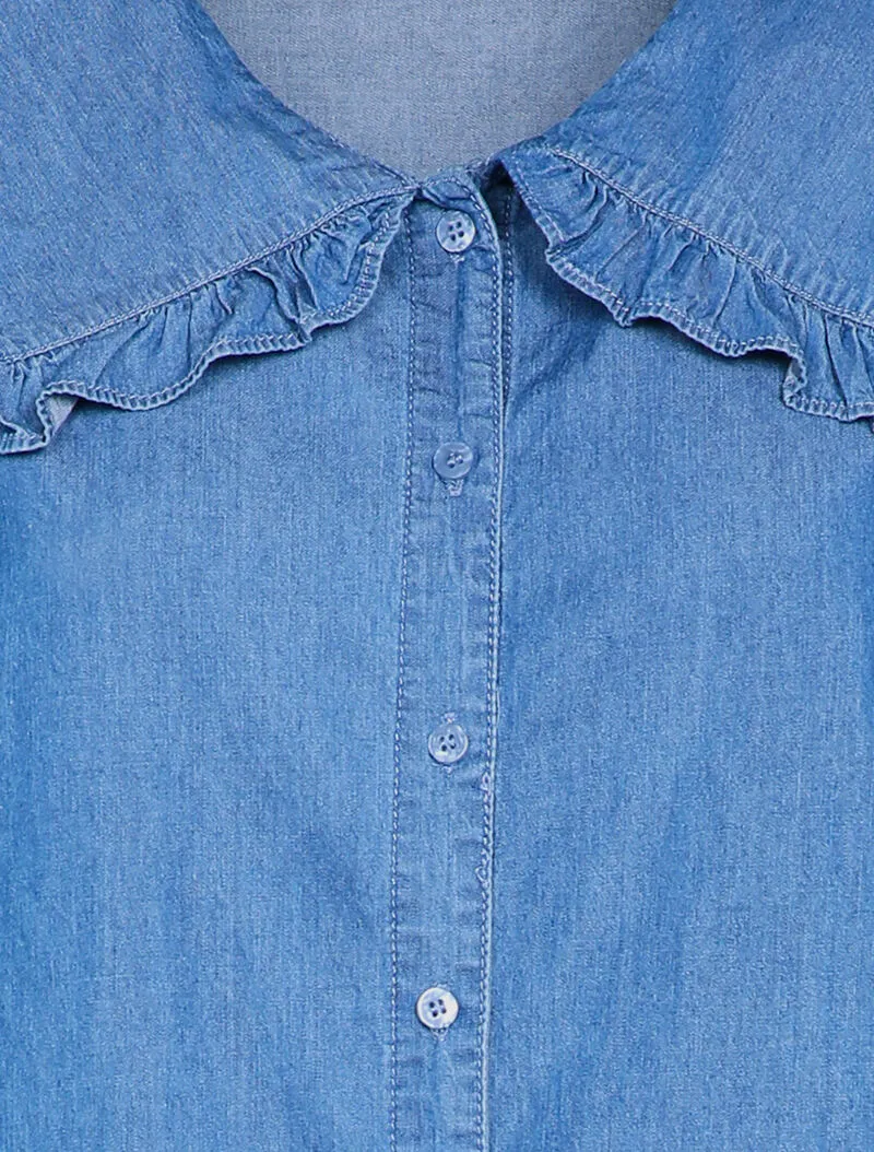 Chemise en jean à col claudine volanté - Bleu denim