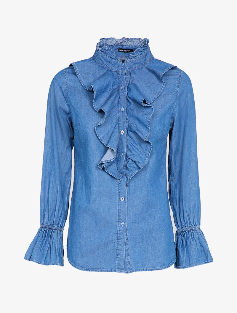 Chemise en jean à pans volantés - Bleu denim