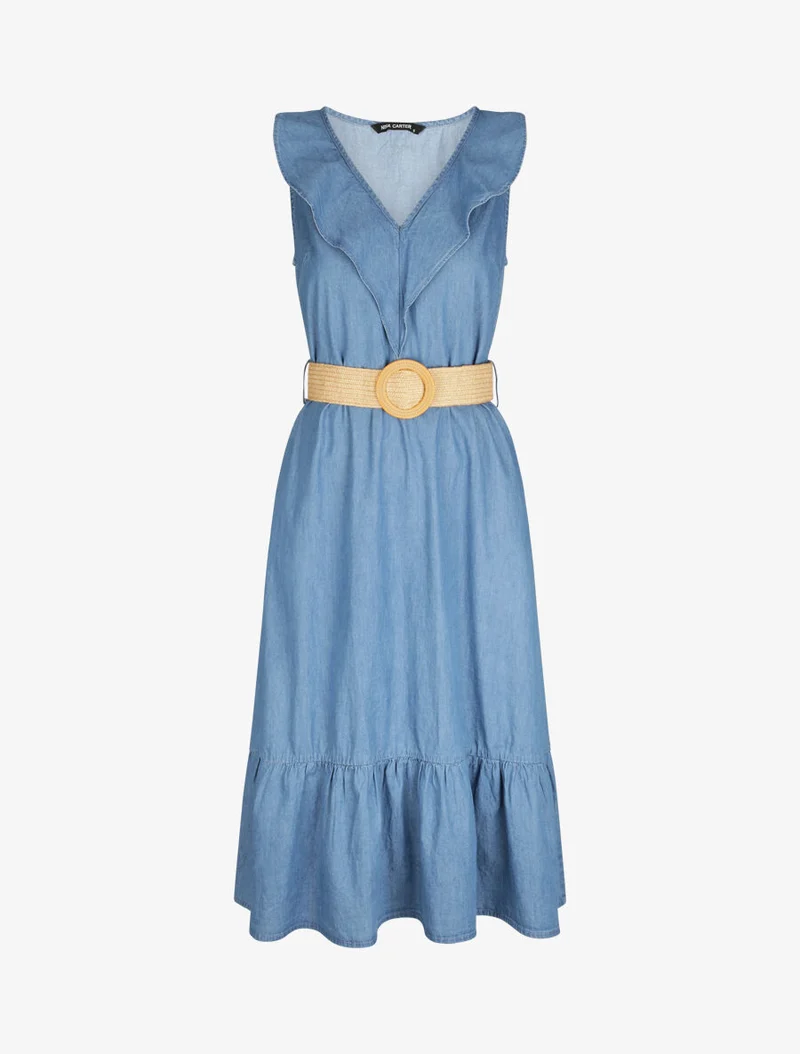 Robe trapèze en denim à col volanté - Bleu