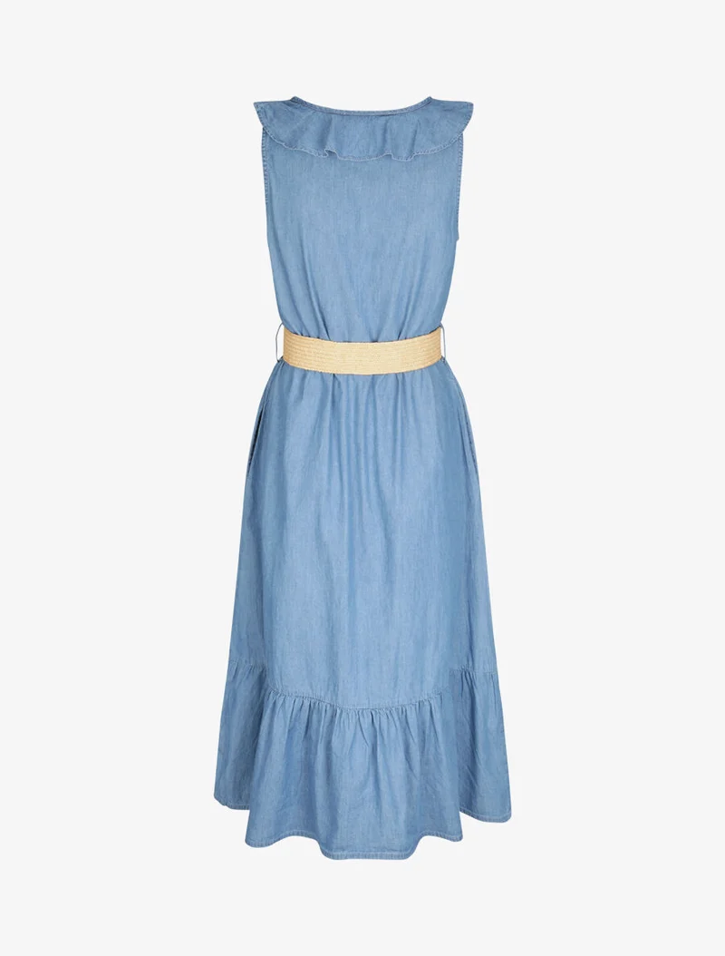 Robe trapèze en denim à col volanté - Bleu