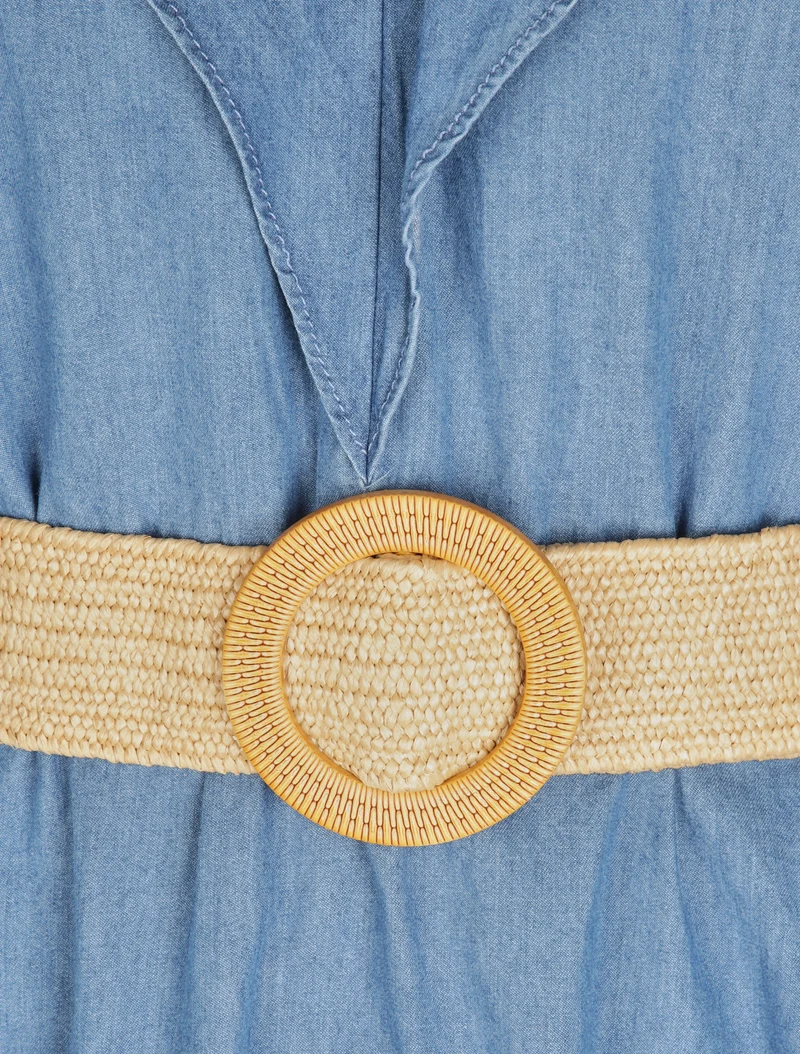 Robe trapèze en denim à col volanté - Bleu