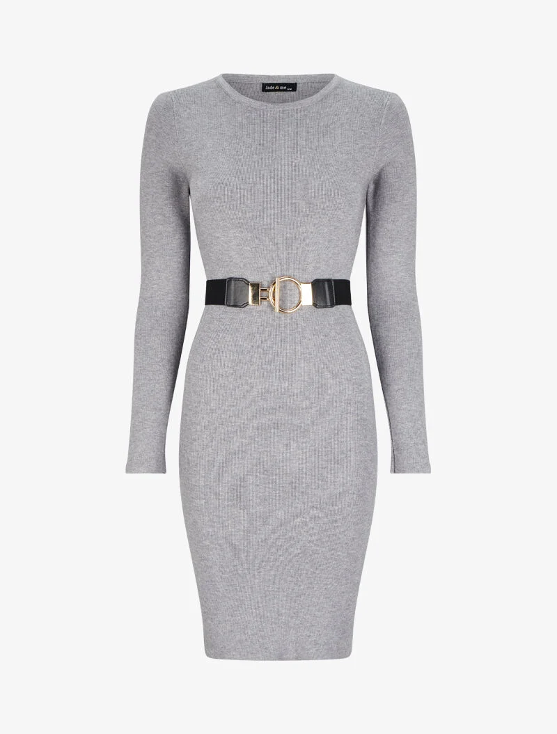 Robe pull unie à ceinture stylisée - Gris chiné