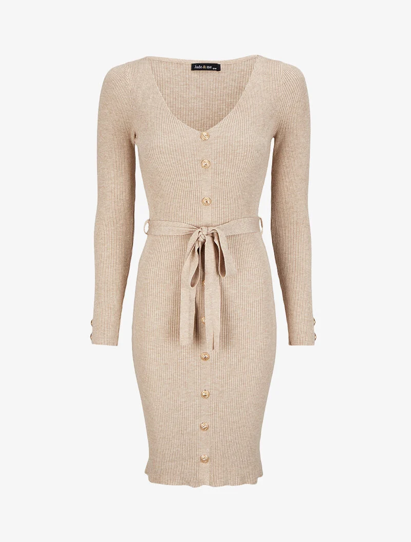 Robe pull mi-longue et côtelée à boutons décoratifs - Beige