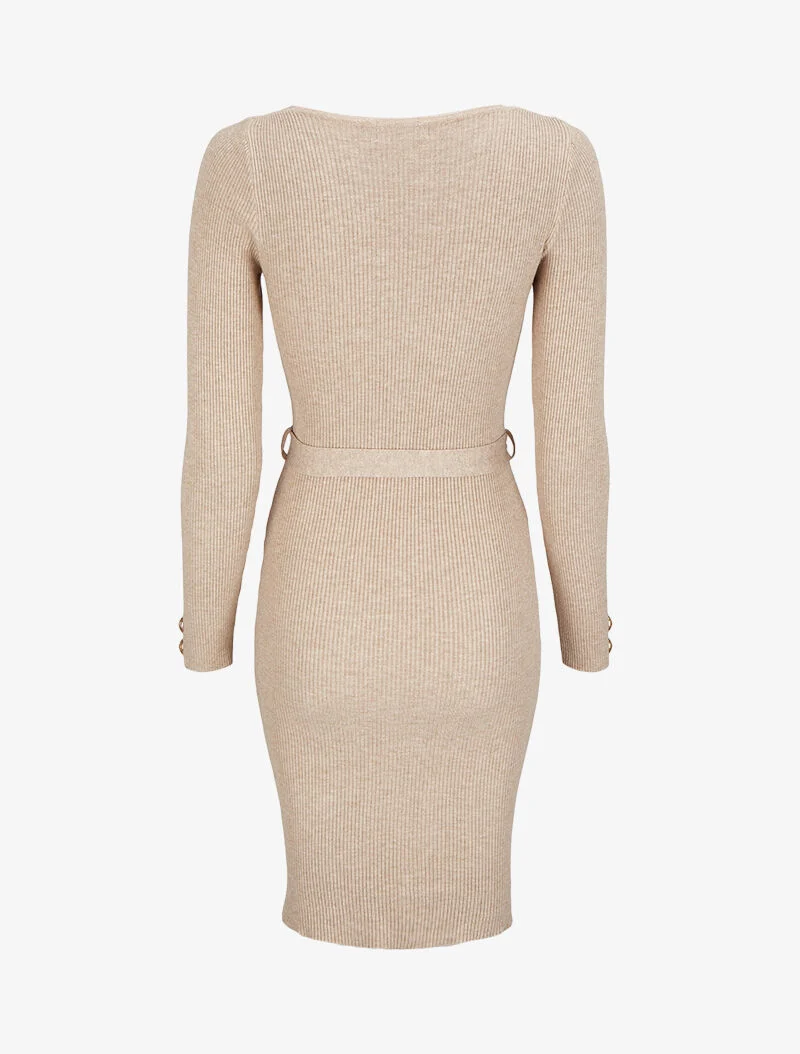 Robe pull mi-longue et côtelée à boutons décoratifs - Beige