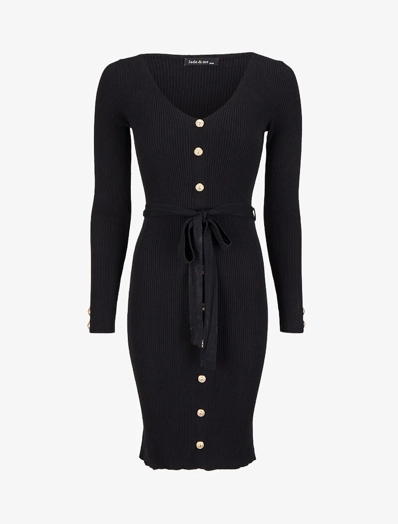 Robe pull mi-longue et côtelée à boutons décoratifs - Noir
