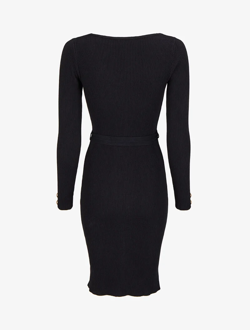 Robe pull mi-longue et côtelée à boutons décoratifs - Noir
