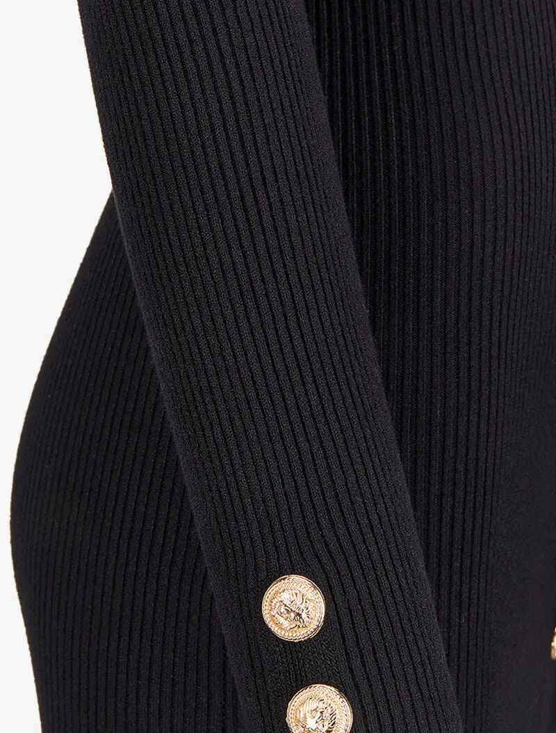 Robe pull mi-longue et côtelée à boutons décoratifs - Noir