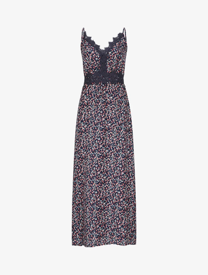Robe longue à fleurs graphiques et à fines broderies - Marine
