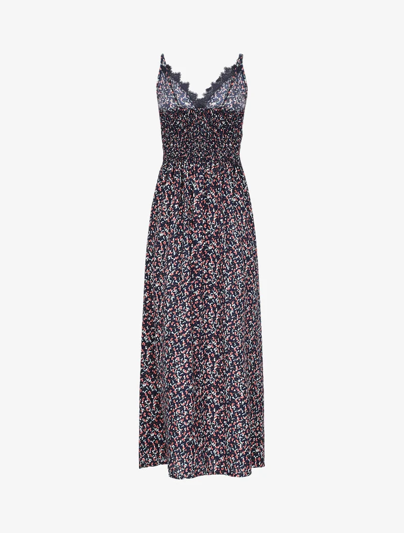 Robe longue à fleurs graphiques et à fines broderies - Marine