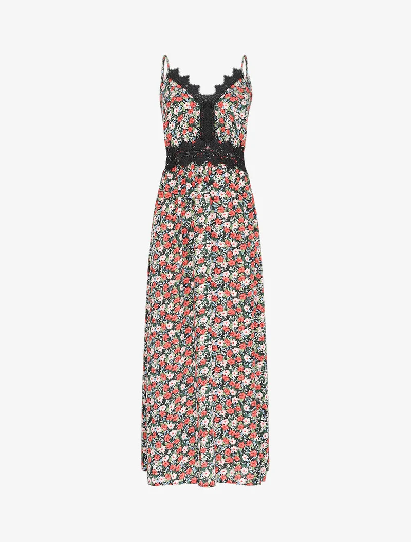Robe longue fleurie et à fines broderies - Noir