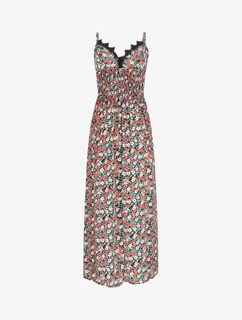 Robe longue fleurie et à fines broderies - Noir