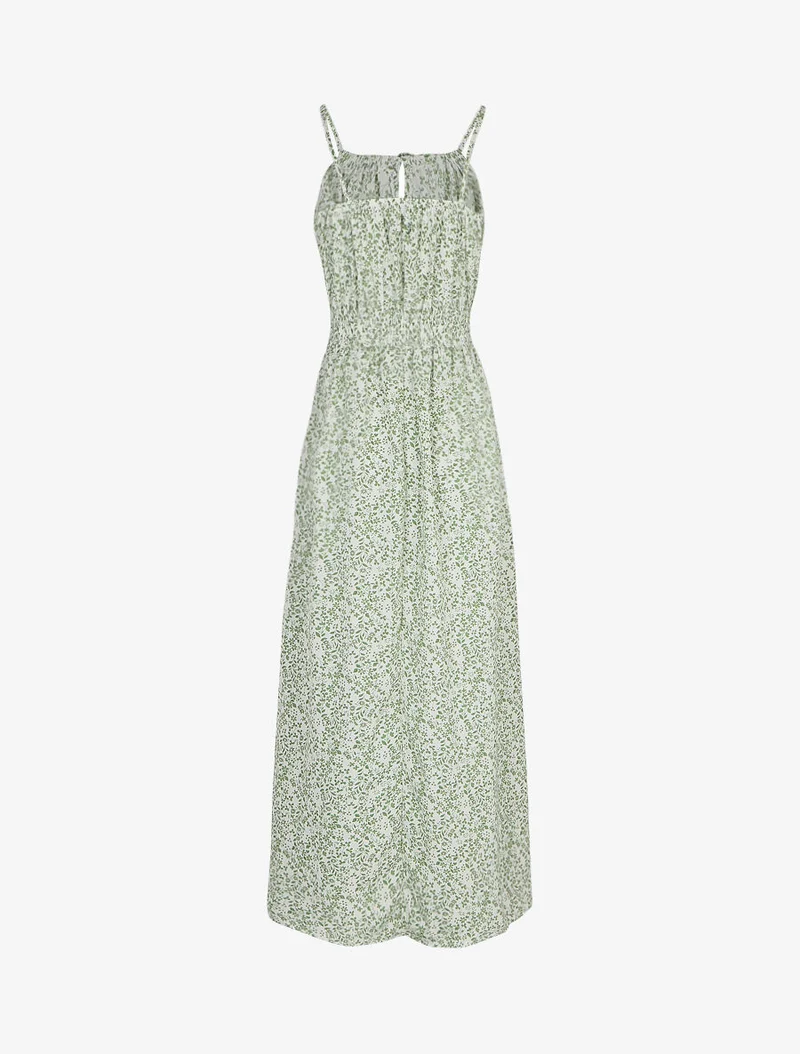 Robe longue à motifs fleuris et taille brodée - Vert d'eau