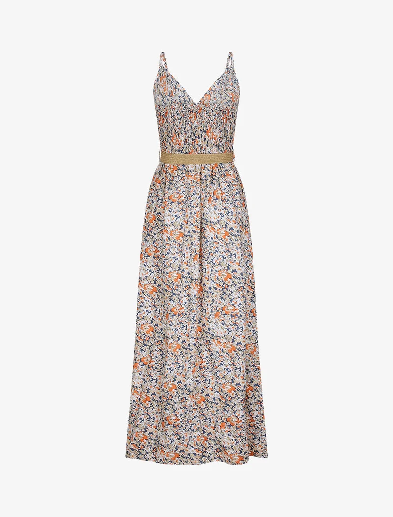 Robe longue à imprimé paquerettes - Beige/marine