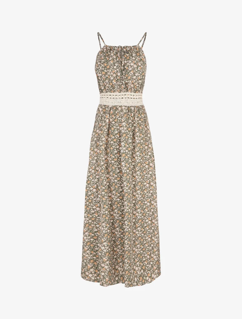 Robe longue à imprimé fleuri et taille brodée - Kaki