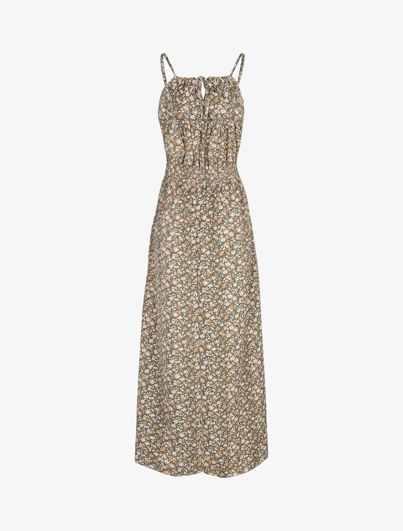 Robe longue à imprimé fleuri et taille brodée - Kaki